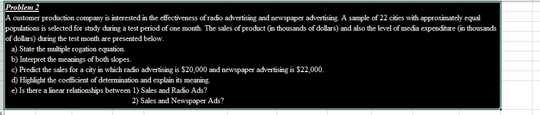 EXCEL FORMULAS ONLY Problem 2: Multiple