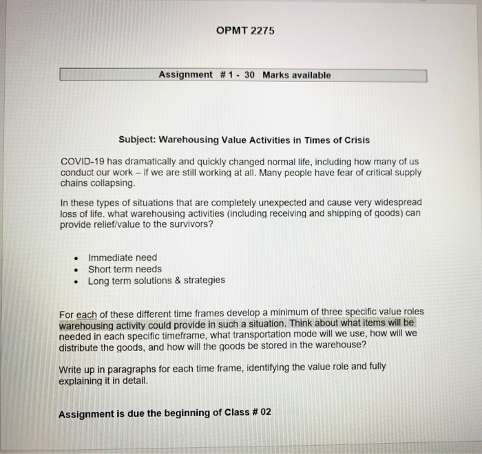 OPMT 2275 Assignment #1 - 30 Marks available