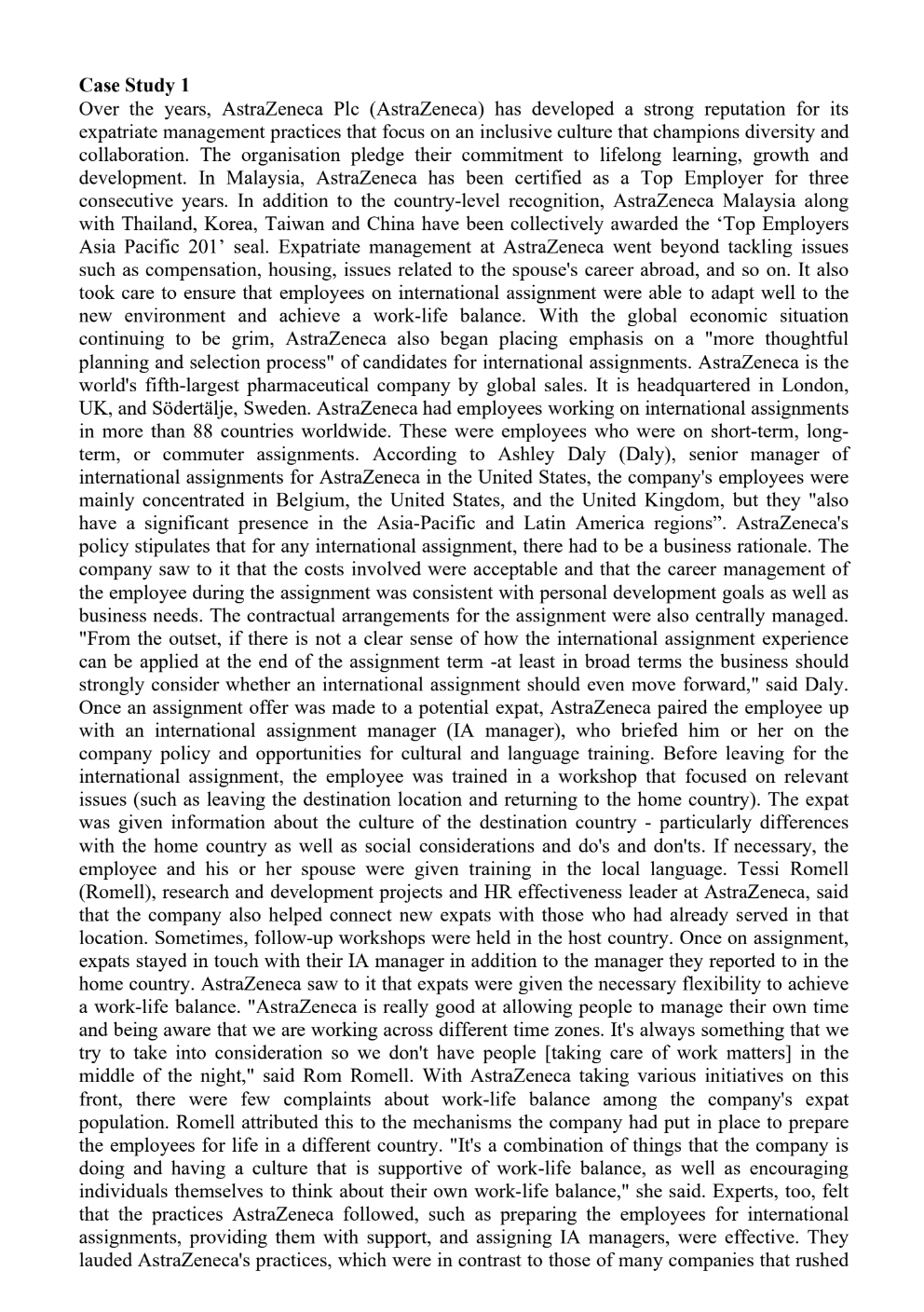 Case Study 1 Over the years, AstraZeneca Plc
