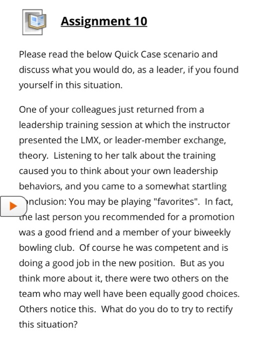 D Assignment 10 Please read the below Quick Case