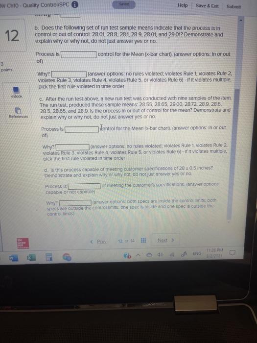 Question 4 12 A production process, sampled 30