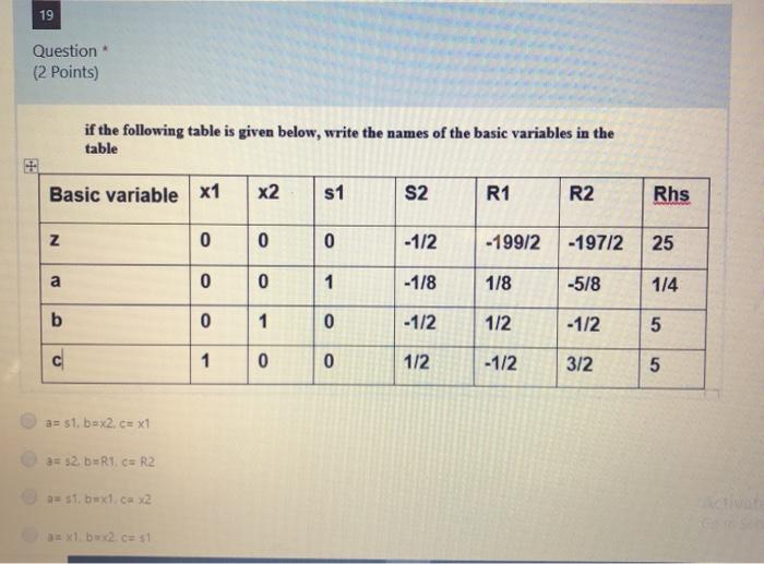 19 Question (2 Points) if the following table is