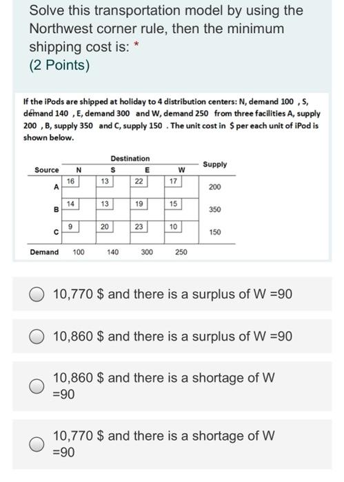 Solve this transportation model by using the