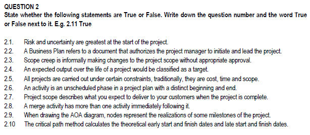 PROJECT MANAGEMENT QUESTION 2 State whether the