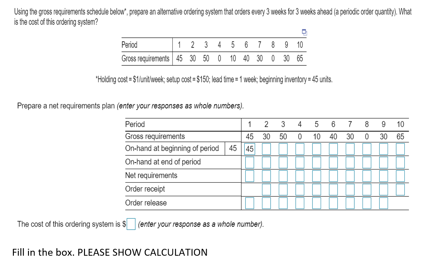 Using the gross requirements schedule below*,