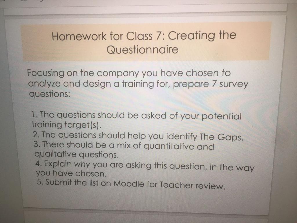 Homework for Class 7: Creating the Questionnaire