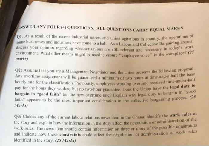 ANSWER ANY FOUR (4) QUESTIONS. ALL QUESTIONS