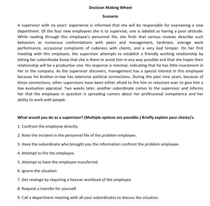 Decision Making Wheel Scenario A supervisor with