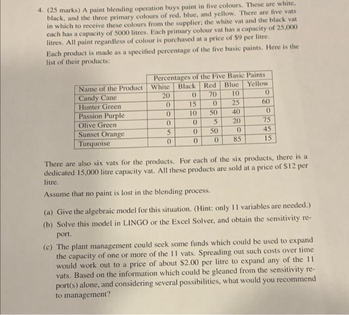 please use LINGO 4. (25 marks) A paint blending