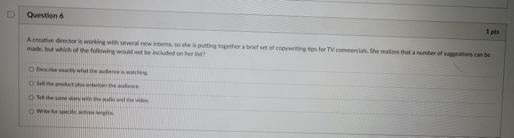 Question 6 1 pts A creative director is working