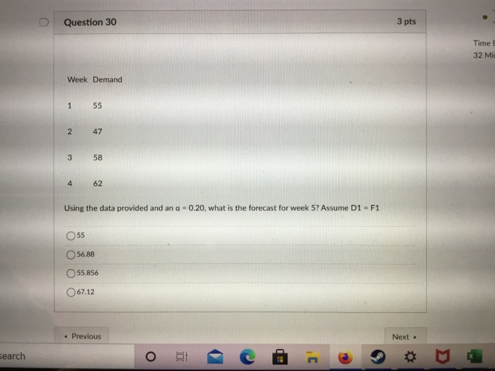 Question 30 3 pts Time E 32 Mi Week Demand 1 55 2