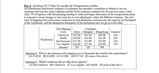 this is a transportation problem Part 4 Questions