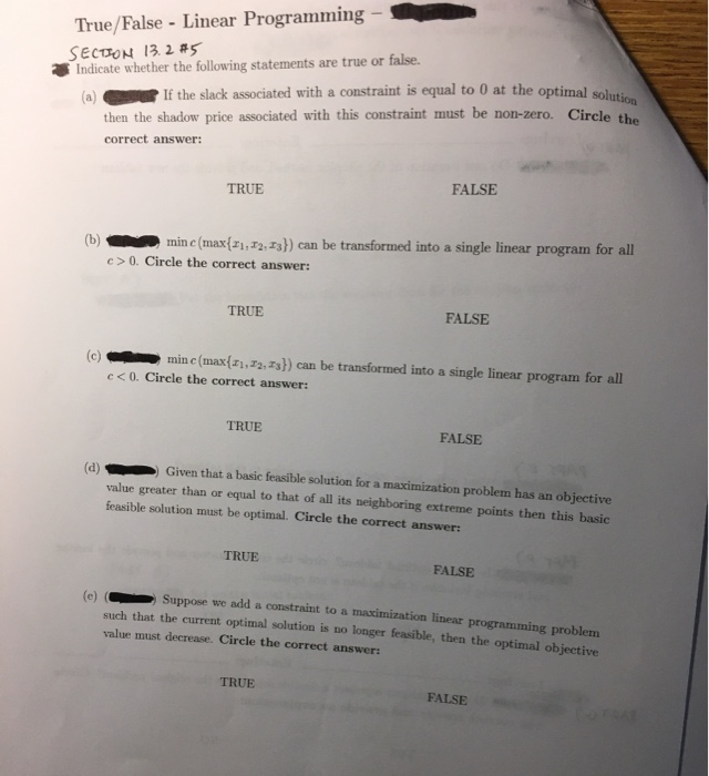 True False - Linear Programming - SECUON 13.2 #5