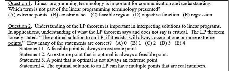 Question 1. Linear programming terminology is