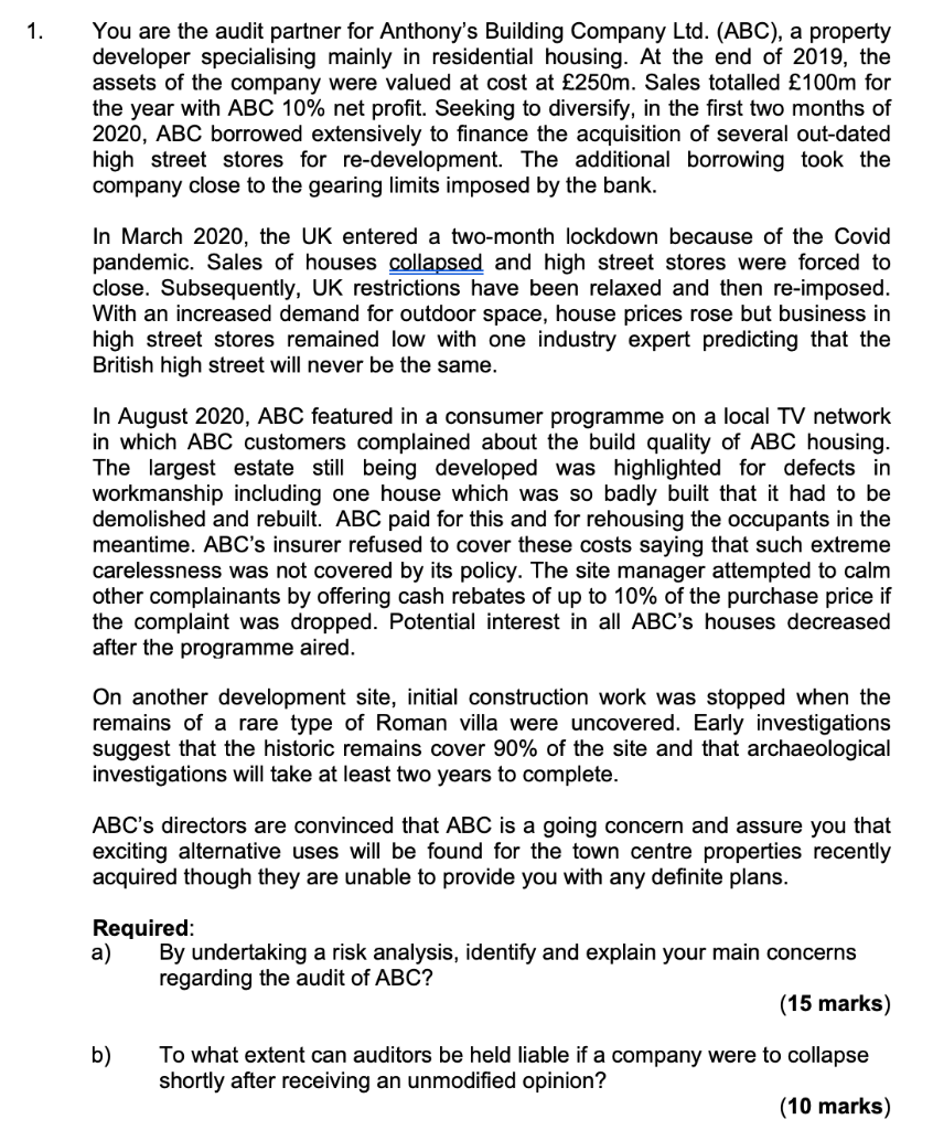 1. You are the audit partner for Anthony's