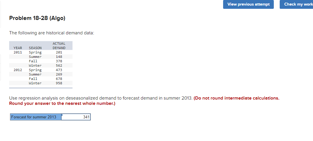 View previous attempt Check my work Problem 18-28