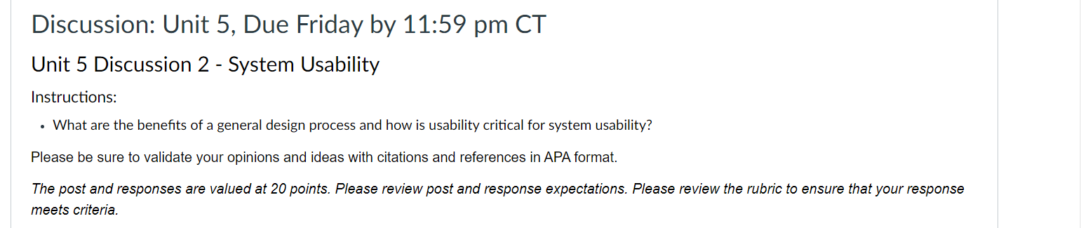 Discussion: Unit 5, Due Friday by 11:59 pm CT