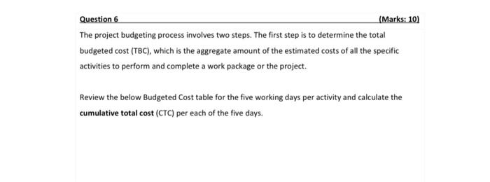 Question 6 (Marks: 10) The project budgeting