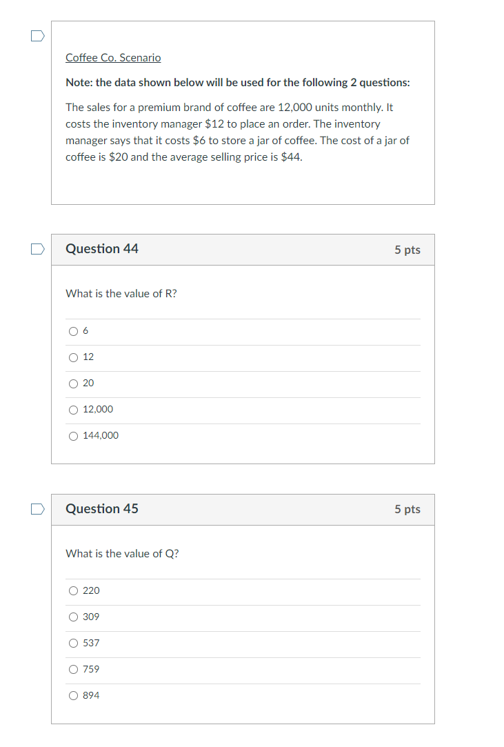 Coffee Co. Scenario Note: the data shown below