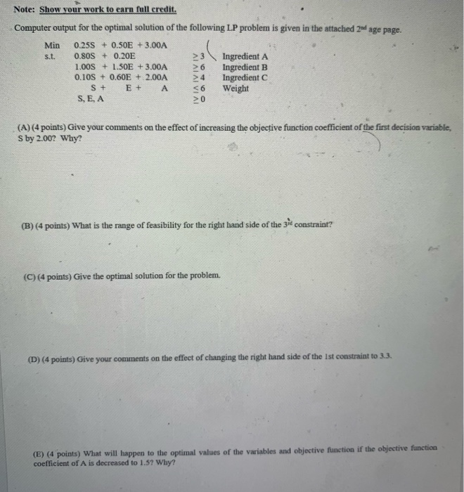 Note: Show your work to earn full credit.