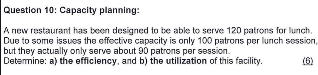 Question 10: Capacity planning: A new restaurant
