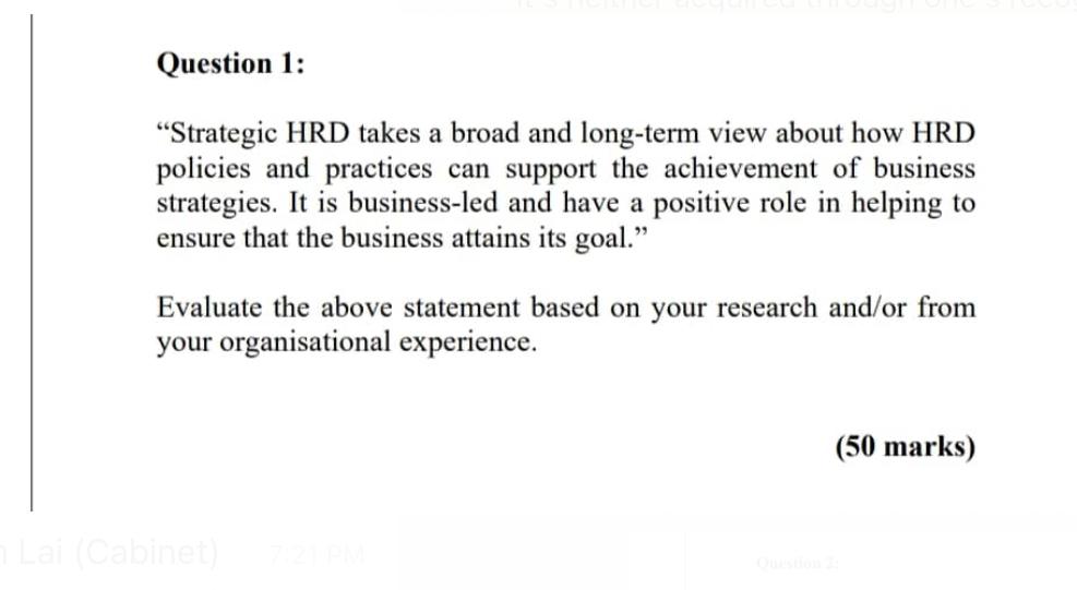Question 1: "Strategic HRD takes a broad and