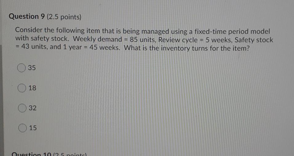 Question 9 (2.5 points) Consider the following