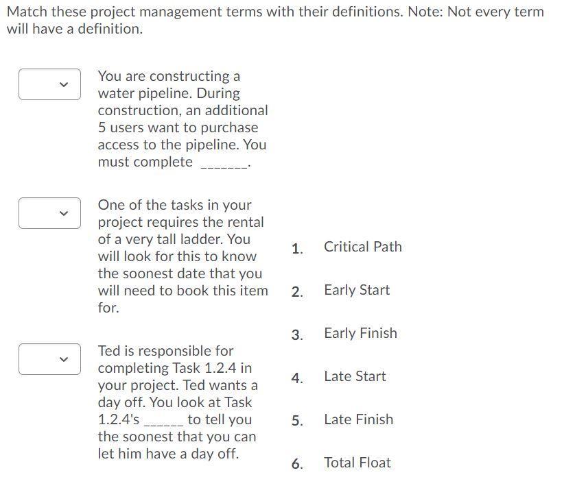 Match these project management terms with their