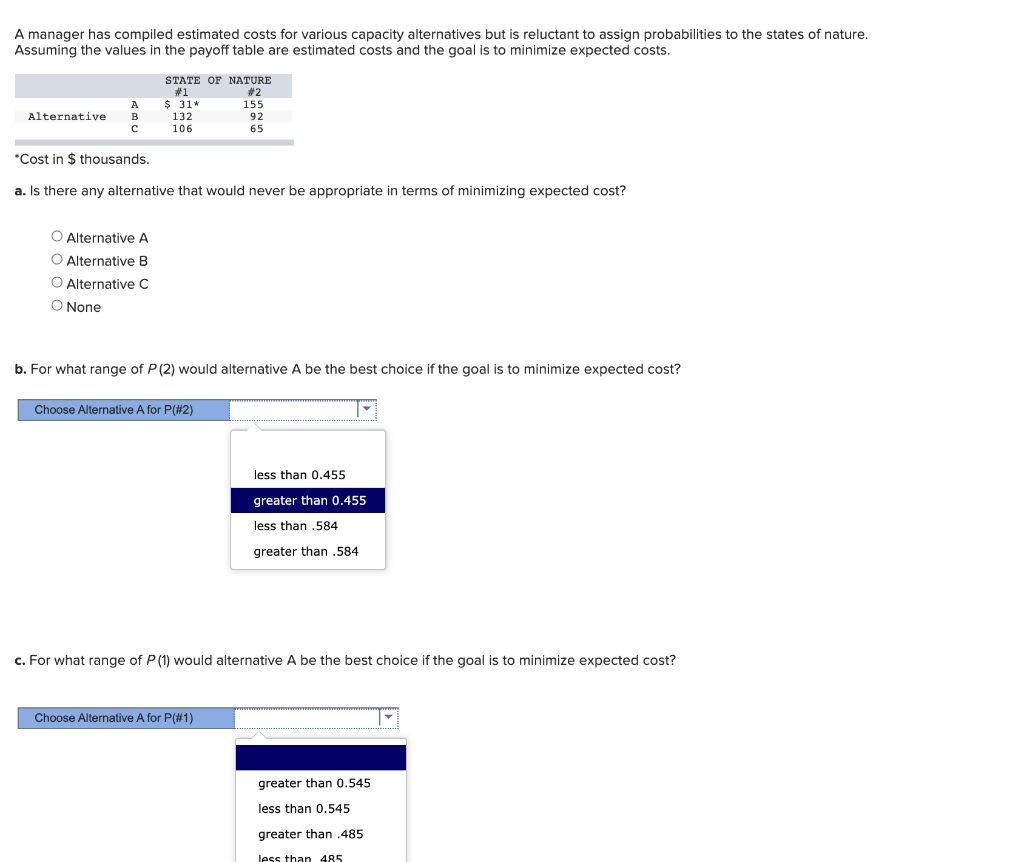 A manager has compiled estimated costs for