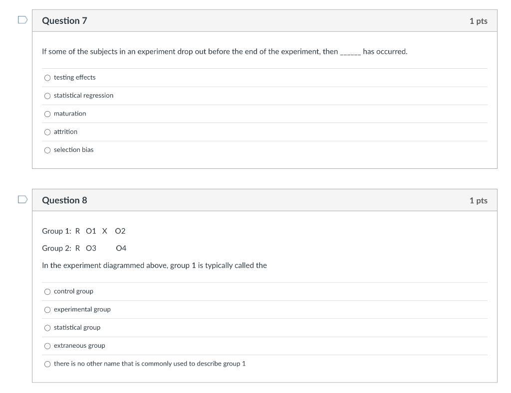 D Question 5 1 pts If an experiment has internal