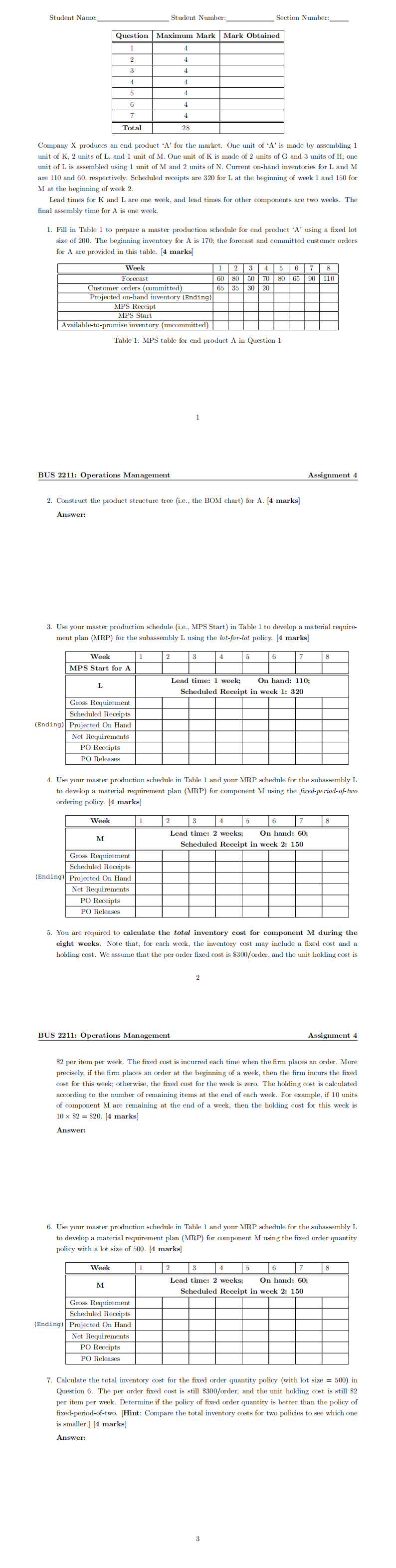 Student Name: Student Number: Section Number: