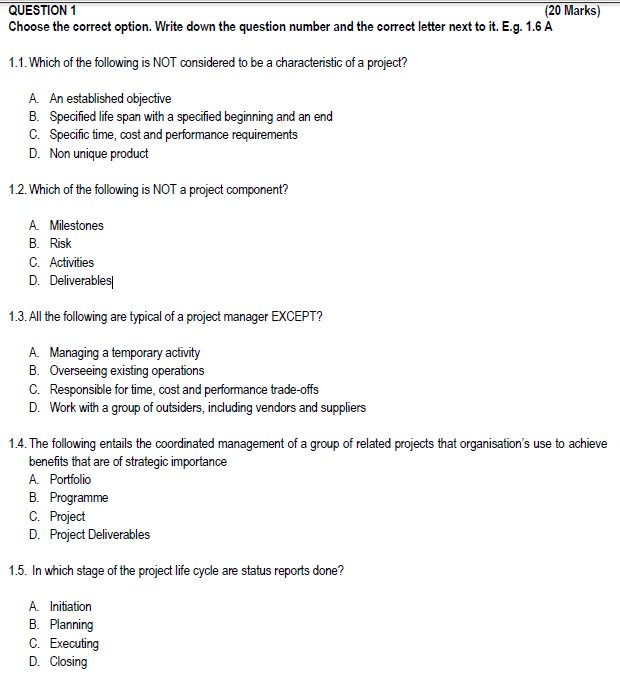 QUESTION 1 (20 Marks) Choose the correct option.