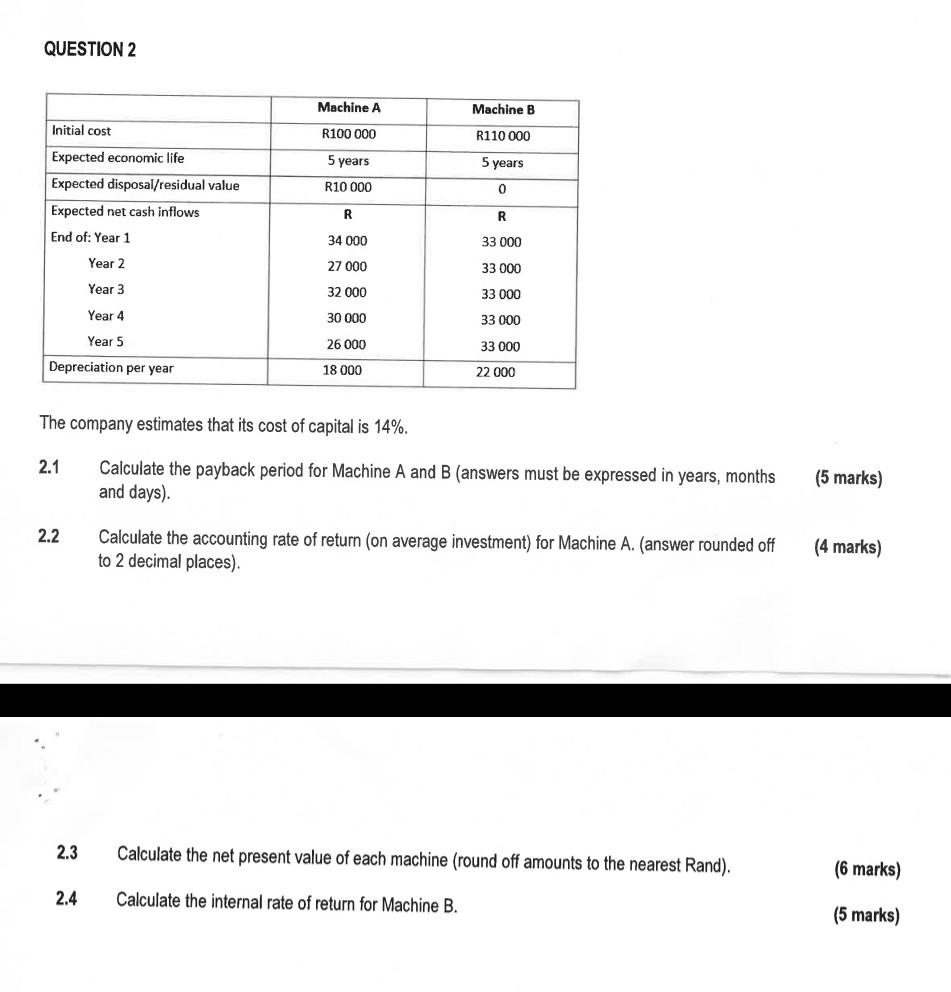 Calculate question 2.4 QUESTION 2 Machine A