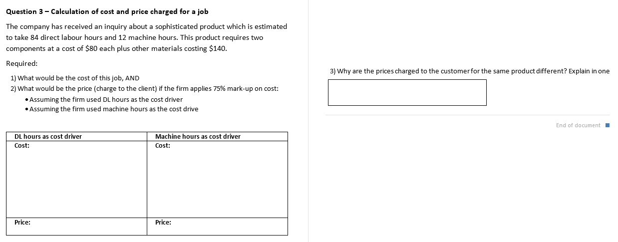 Question 3 - Calculation of cost and price