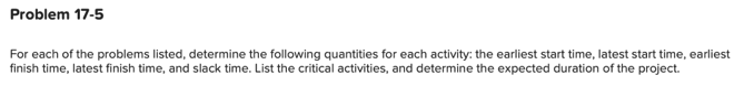 Problem 17-5 For each of the problems listed,