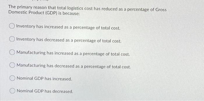 The primary reason that total logistics cost has