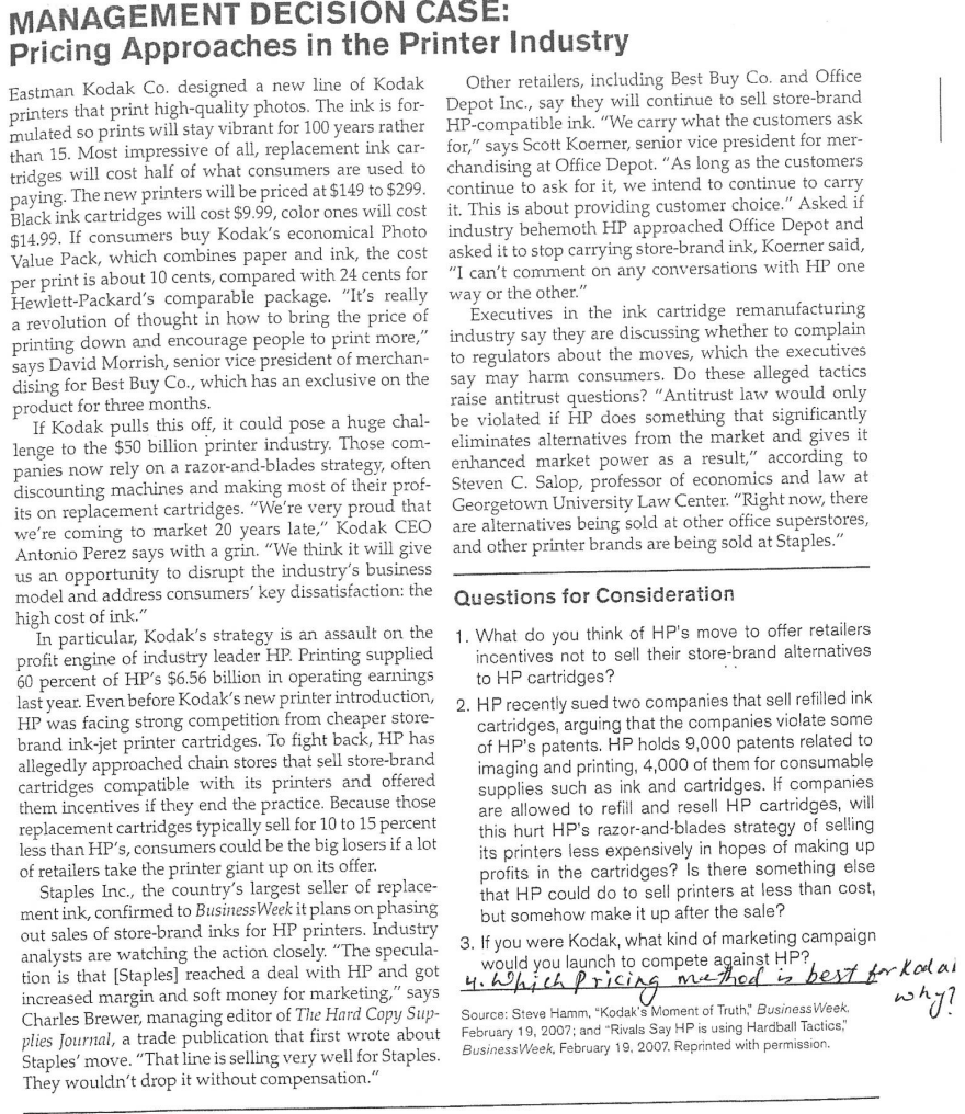 MANAGEMENT DECISION CASE: Pricing Approaches in