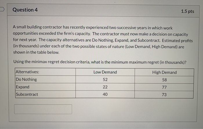 Question 4 1.5 pts A small building contractor