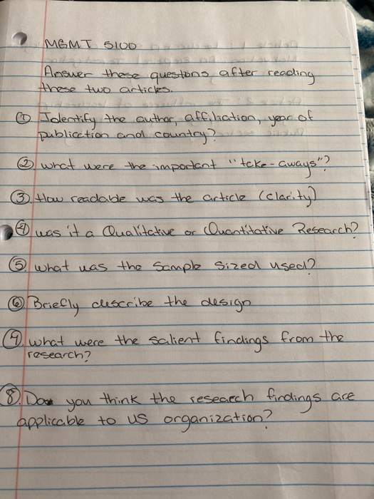 MGMT 5100 Answer these questons after reading