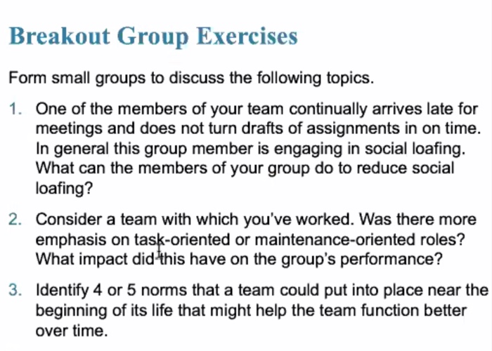 Identify 4 or 5 norms that a team could put into