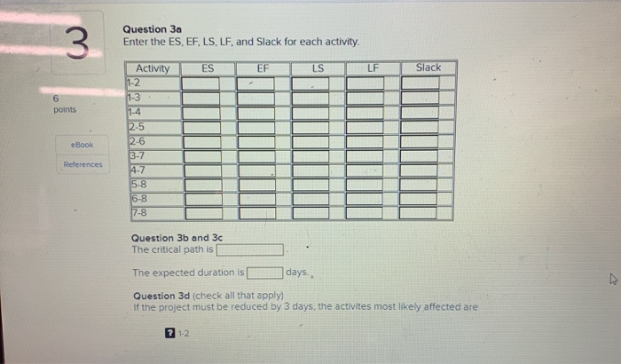 3 Question 3 Enter the ES, EF, LS, LF, and Slack