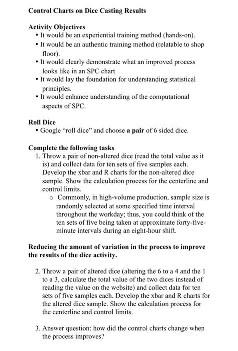 Control Charts on Dice Casting Results Activity