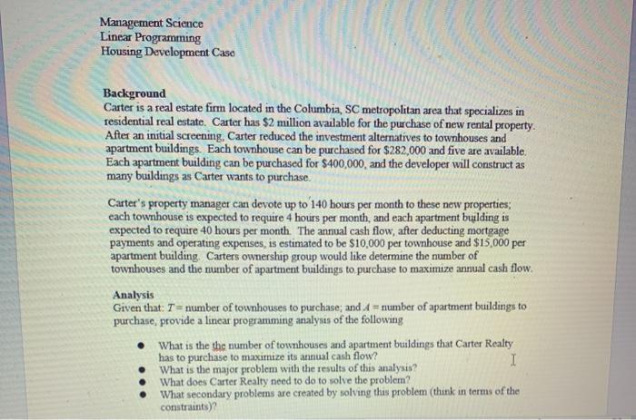 Management Science Linear Programming Housing