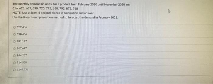 The monthly demand in units) for a product from