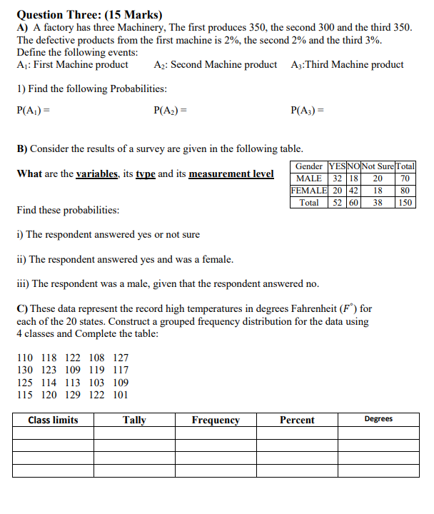 Question Three: (15 Marks) A) A factory has three