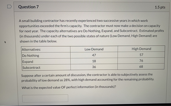 Question 7 1.5 pts A small building contractor