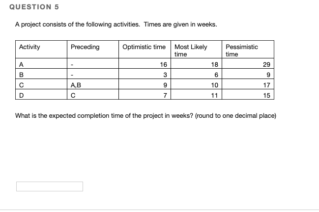 QUESTION 5 A project consists of the following