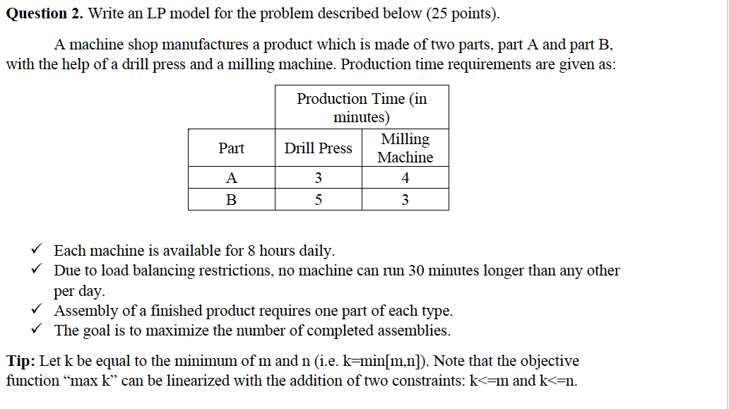 Question 2. Write an LP model for the problem