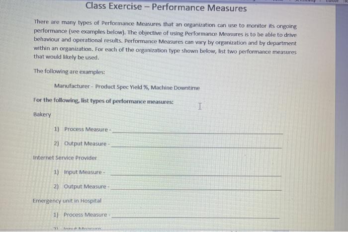 Class Exercise - Performance Measures There are