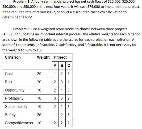 Problem 3: A four-year financial project has net